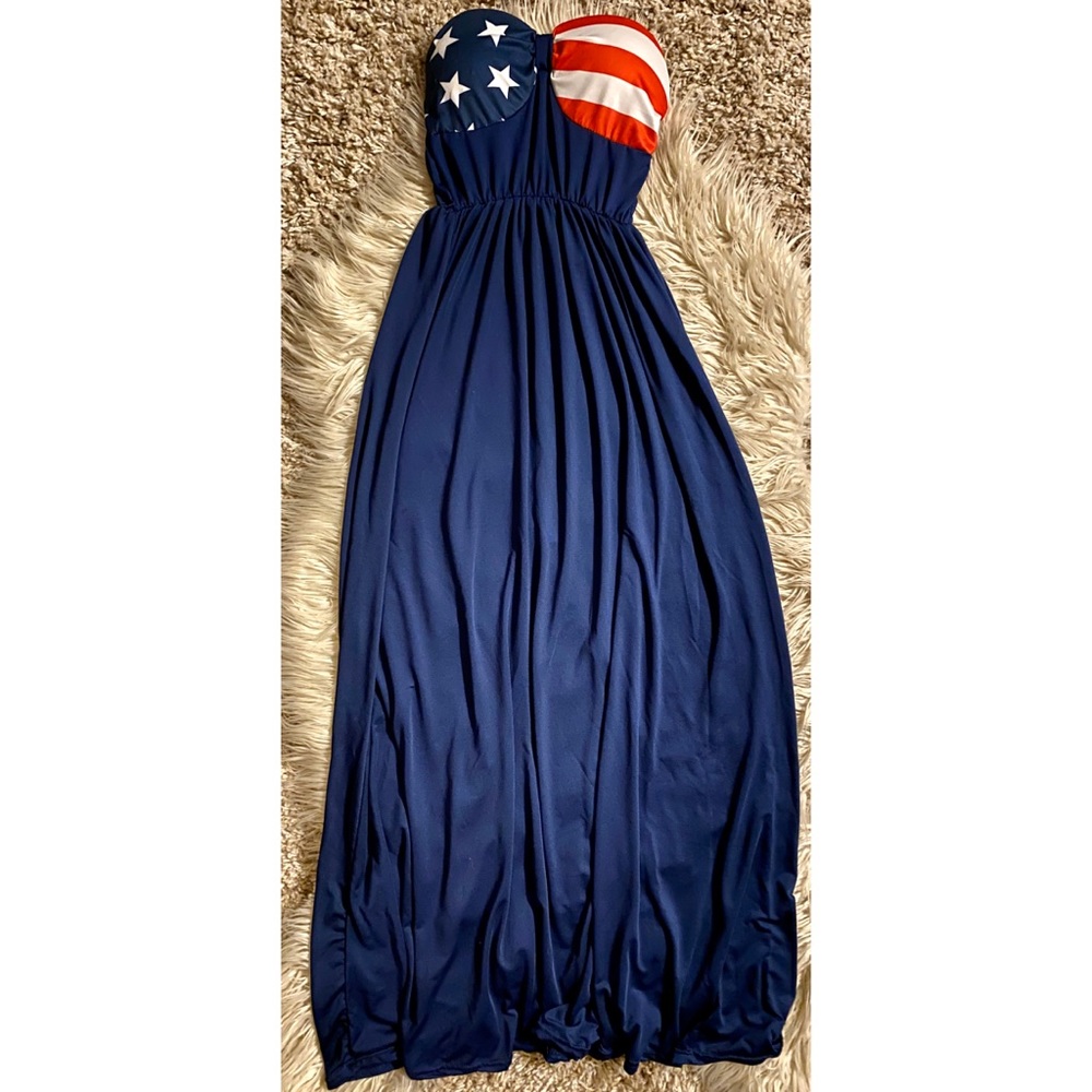 Red white & blue strapless maxi dress